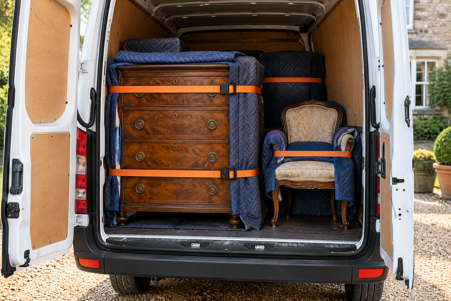Illustrative image of antique furniture protected with blankets and straps in a van.