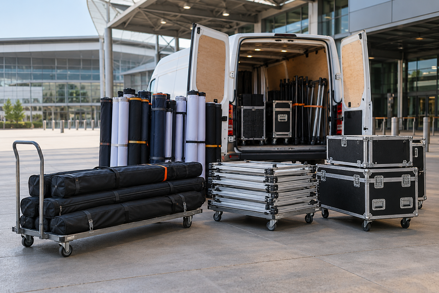 Illustrative image of exhibition banners, stand frames and flight cases beside an open van.
